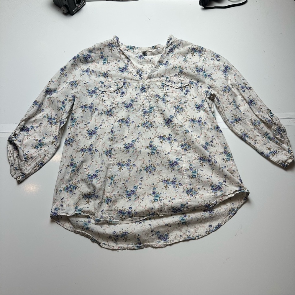 Eden & Olivia Floral Peasant Blouse Cottagecore Prairie Cotton Top Blue Cream XL - Picture 2 of 11